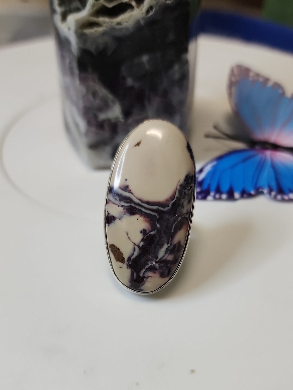 Handcrafted Cream and Purple Marbled Oval Statement Ring